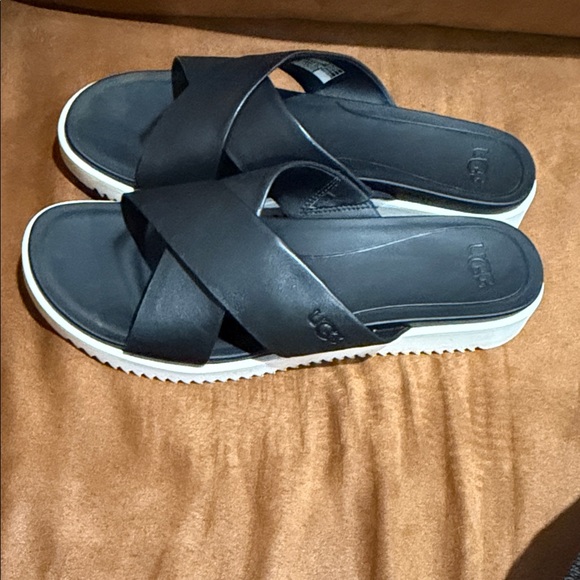{preloved} Women’s UGG Black Leather Cross-Strap Slide Sandals - Picture 3 of 13